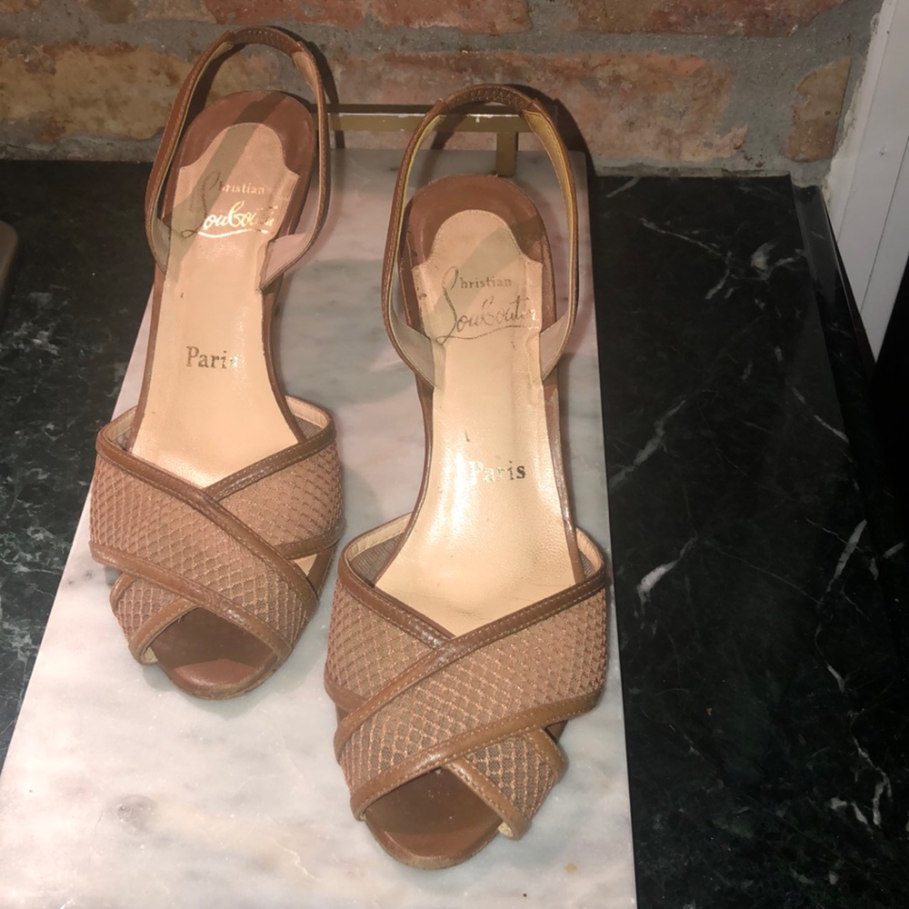 Christian Louboutin brown mesh slingback heels